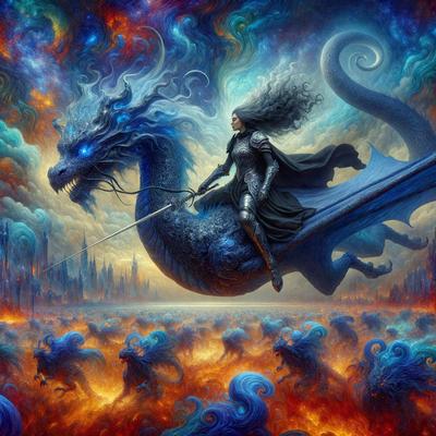 Primary subject: A woman riding a dragon.

Setting/background: A colorful, swirling sky.

Visual style: Digital art.

Colors and mood: The image is vibrant and full of energy, with a mix of blue, orange, and purple hues.